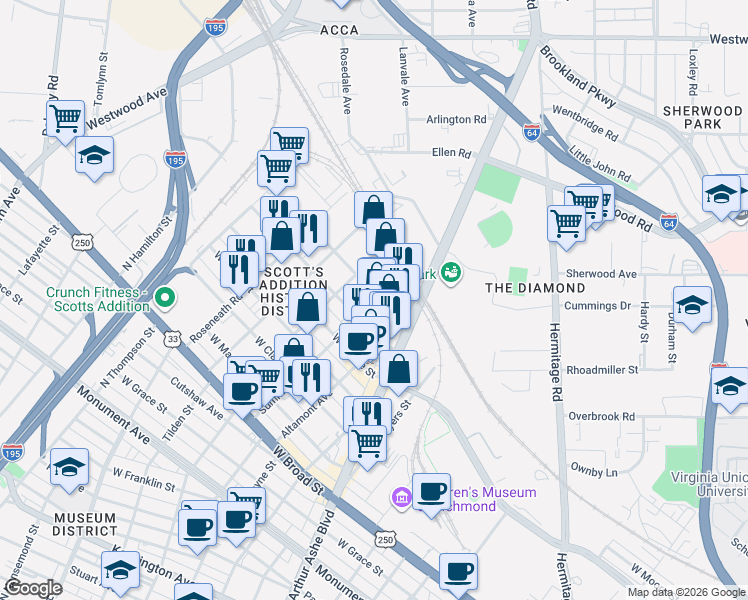 map of restaurants, bars, coffee shops, grocery stores, and more near 3031 Norfolk Street in Richmond