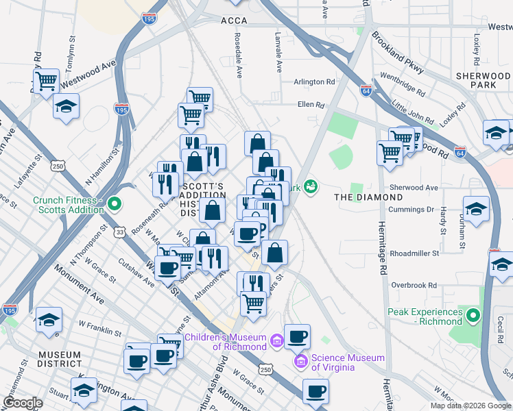 map of restaurants, bars, coffee shops, grocery stores, and more near 3031 Norfolk Street in Richmond