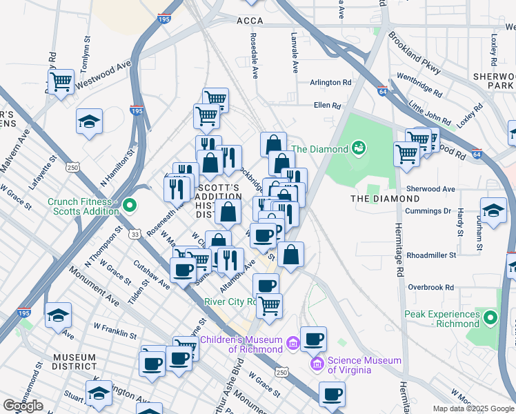 map of restaurants, bars, coffee shops, grocery stores, and more near 3031 Norfolk Street in Richmond