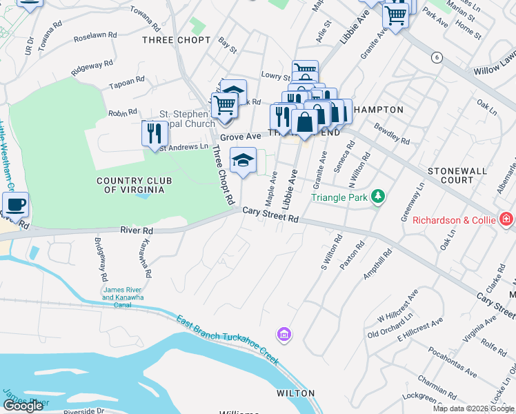 map of restaurants, bars, coffee shops, grocery stores, and more near 5604 Cary Street Road in Richmond