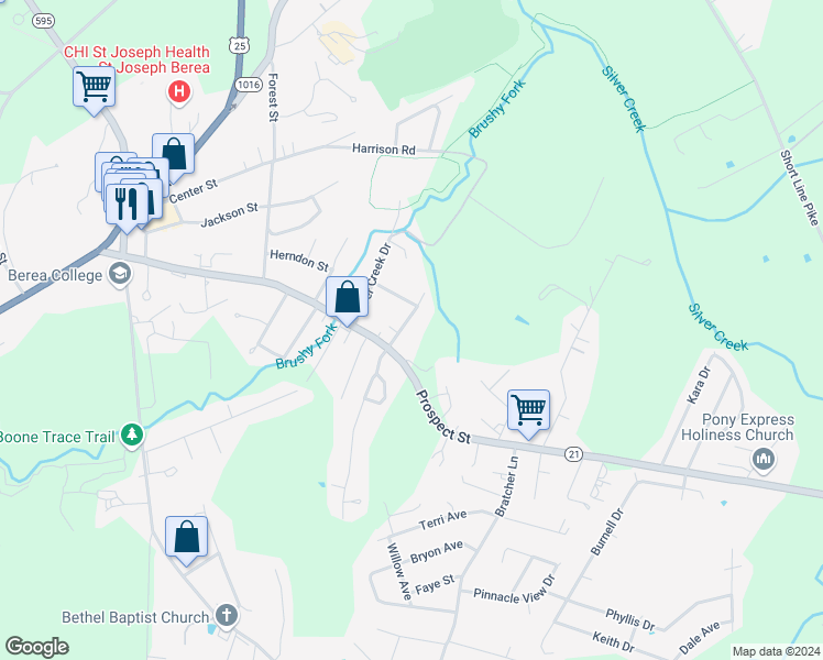 map of restaurants, bars, coffee shops, grocery stores, and more near 100 Miracle St in Berea