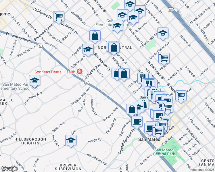 map of restaurants, bars, coffee shops, grocery stores, and more near 227 Elm Street in San Mateo