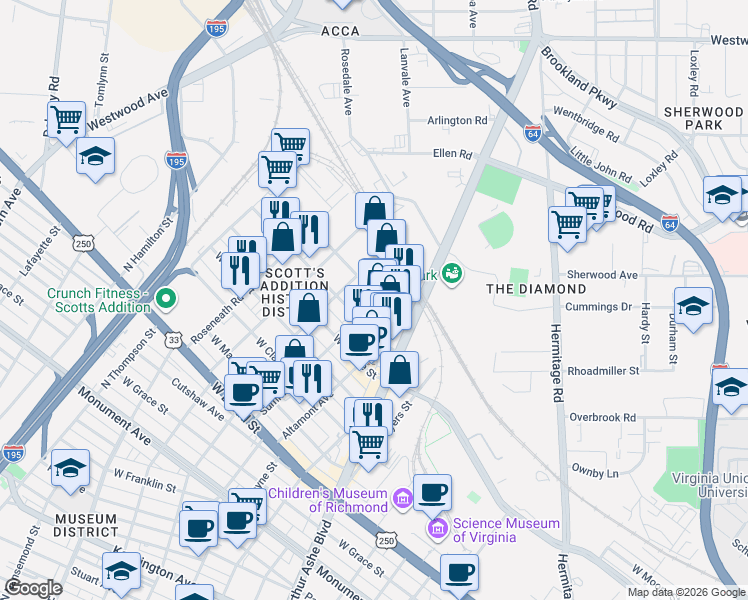 map of restaurants, bars, coffee shops, grocery stores, and more near 3031 Norfolk Street in Richmond