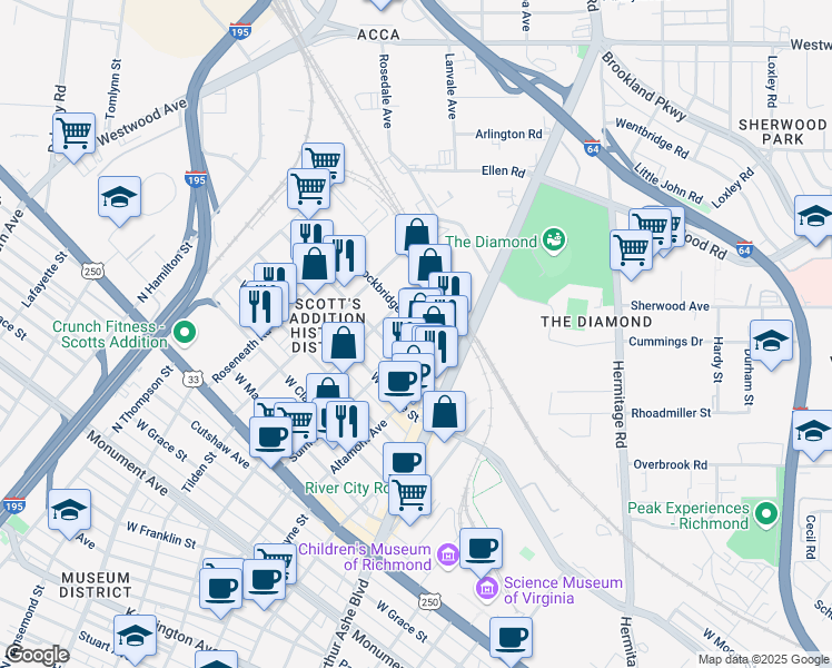 map of restaurants, bars, coffee shops, grocery stores, and more near 1716 Summit Avenue in Richmond