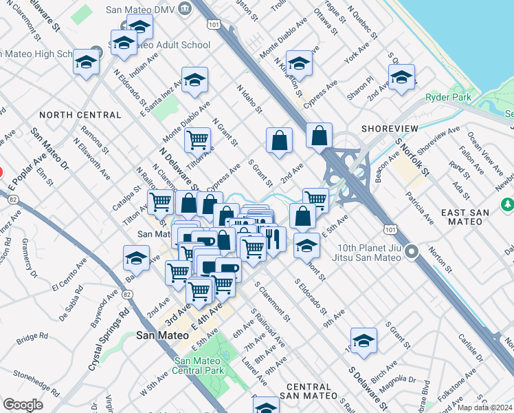 map of restaurants, bars, coffee shops, grocery stores, and more near 136 South Fremont Street in San Mateo