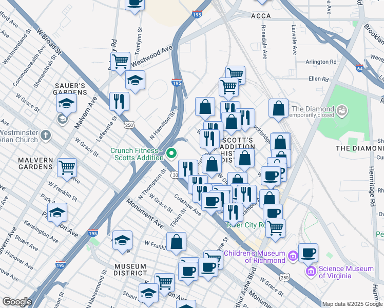 map of restaurants, bars, coffee shops, grocery stores, and more near 1308 Roseneath Road in Richmond