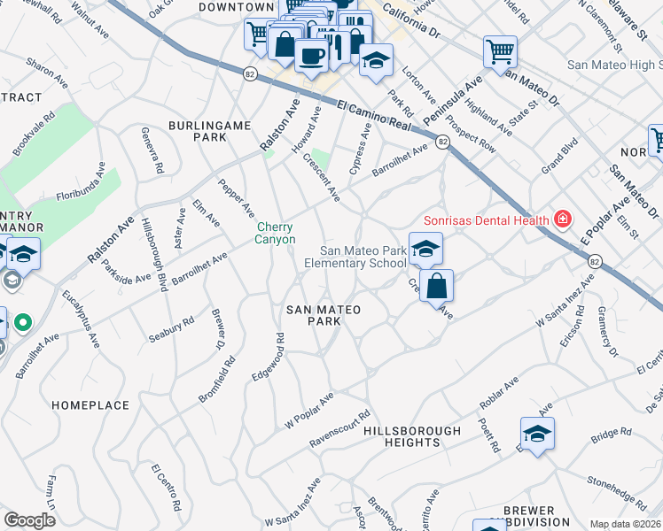map of restaurants, bars, coffee shops, grocery stores, and more near 343 Warren Road in San Mateo