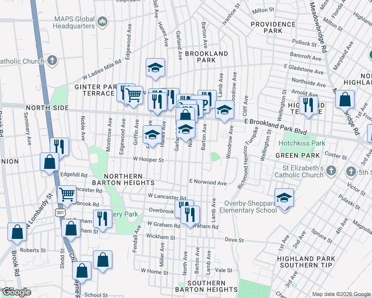 map of restaurants, bars, coffee shops, grocery stores, and more near 2812 North Avenue in Richmond
