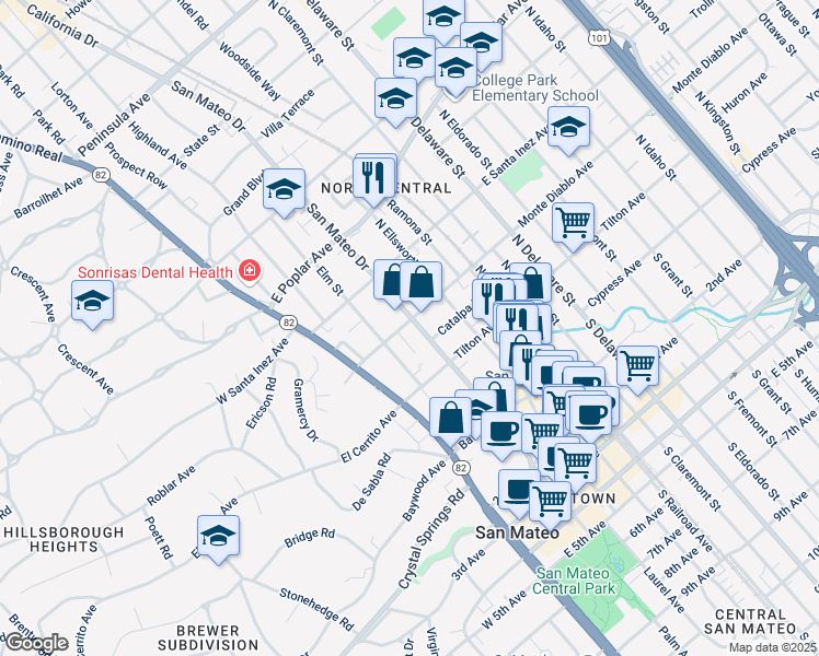 map of restaurants, bars, coffee shops, grocery stores, and more near 153 North San Mateo Drive in San Mateo