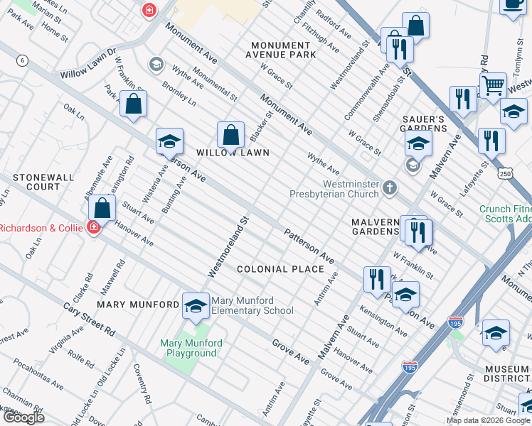 map of restaurants, bars, coffee shops, grocery stores, and more near 4517 Patterson Avenue in Richmond