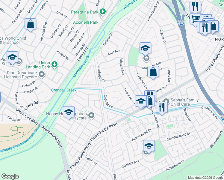 map of restaurants, bars, coffee shops, grocery stores, and more near 33846 Juliet Circle in Fremont