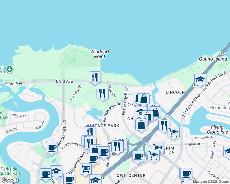map of restaurants, bars, coffee shops, grocery stores, and more near 110 Marsh Drive in Foster City