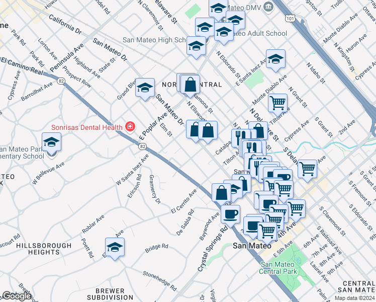 map of restaurants, bars, coffee shops, grocery stores, and more near in San Mateo
