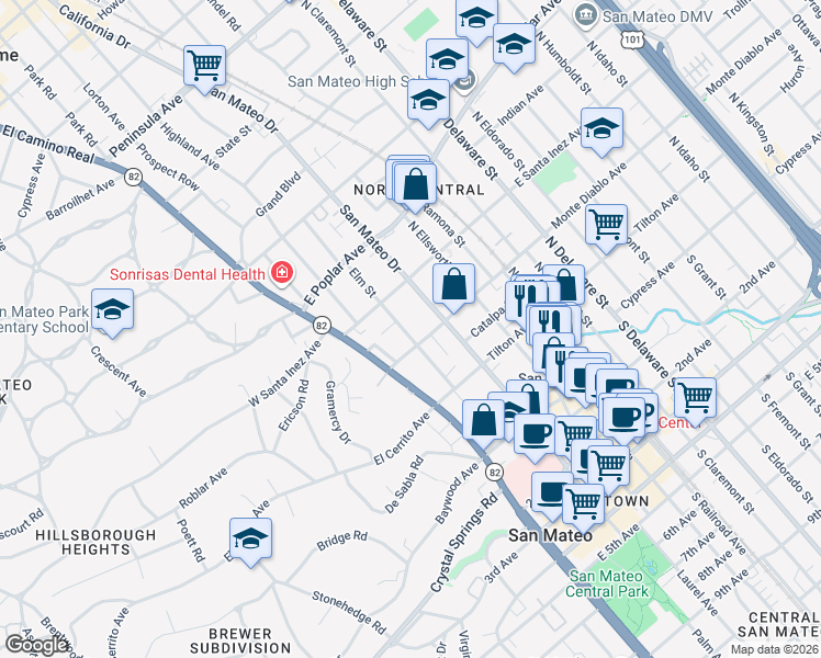 map of restaurants, bars, coffee shops, grocery stores, and more near 200 Elm Street in San Mateo