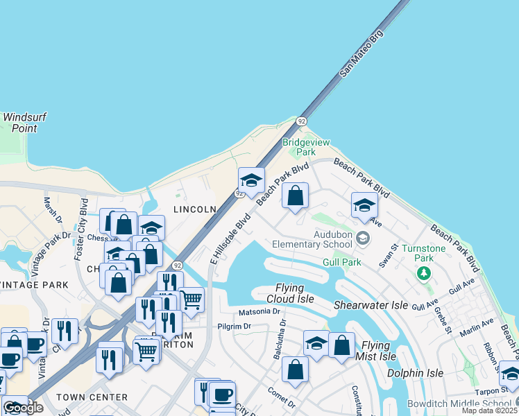 map of restaurants, bars, coffee shops, grocery stores, and more near in Foster City