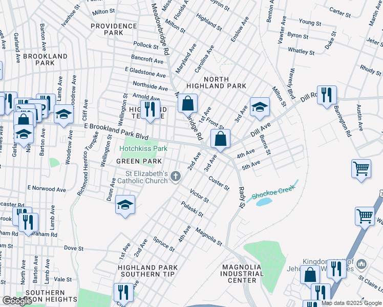 map of restaurants, bars, coffee shops, grocery stores, and more near 2903 Woodcliff Avenue in Richmond