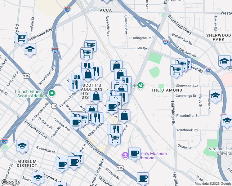 map of restaurants, bars, coffee shops, grocery stores, and more near 3031 Norfolk Street in Richmond