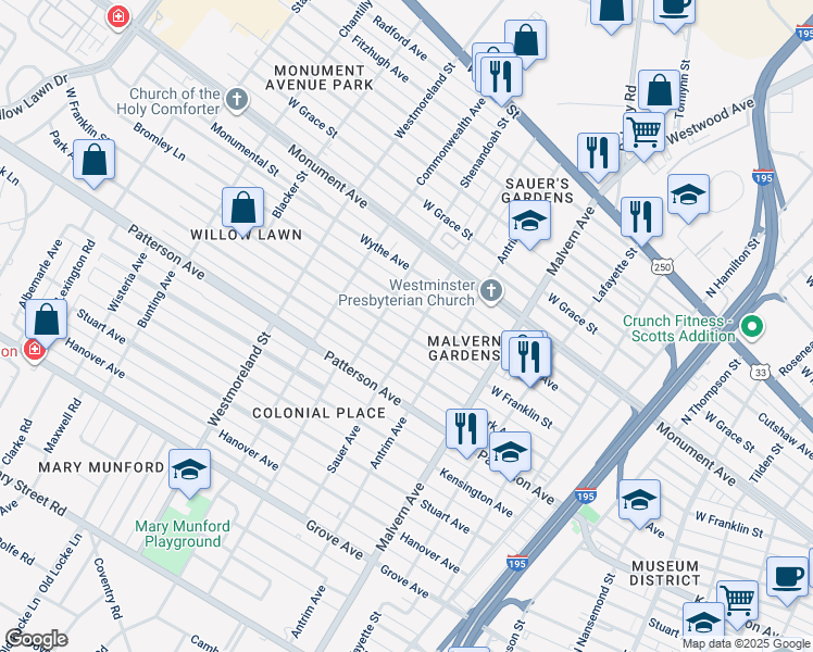 map of restaurants, bars, coffee shops, grocery stores, and more near 4303 West Franklin Street in Richmond