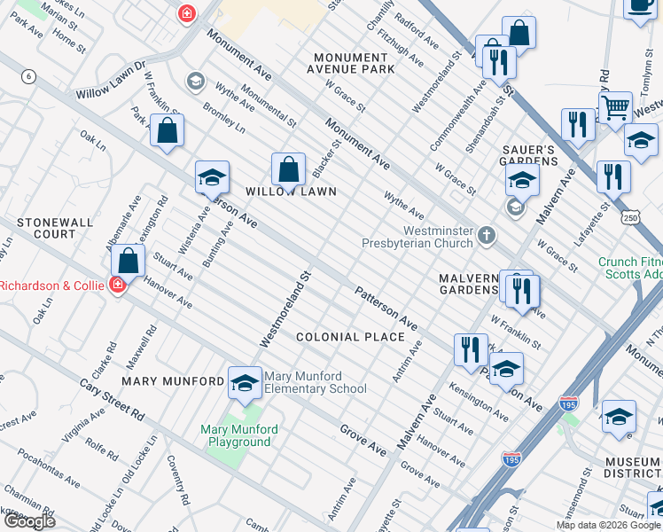 map of restaurants, bars, coffee shops, grocery stores, and more near 4517 Patterson Avenue in Richmond