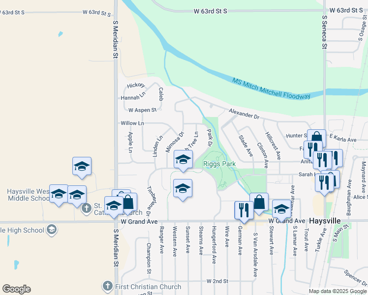 map of restaurants, bars, coffee shops, grocery stores, and more near 313 Peach Tree Ln in Haysville