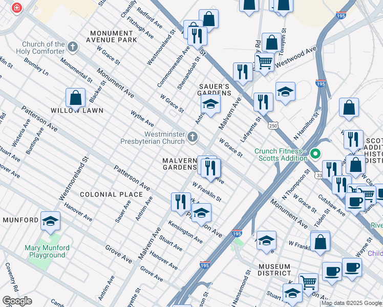 map of restaurants, bars, coffee shops, grocery stores, and more near 4108 Wythe Avenue in Richmond