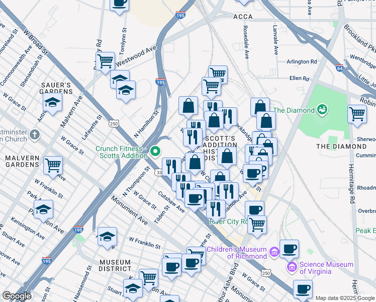 map of restaurants, bars, coffee shops, grocery stores, and more near 3410 West Clay Street in Richmond