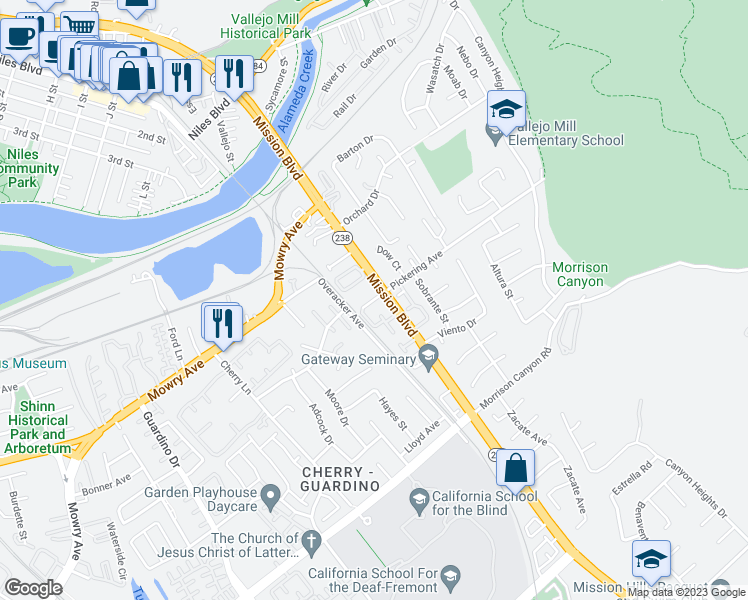map of restaurants, bars, coffee shops, grocery stores, and more near 20 West Pickering Avenue in Fremont
