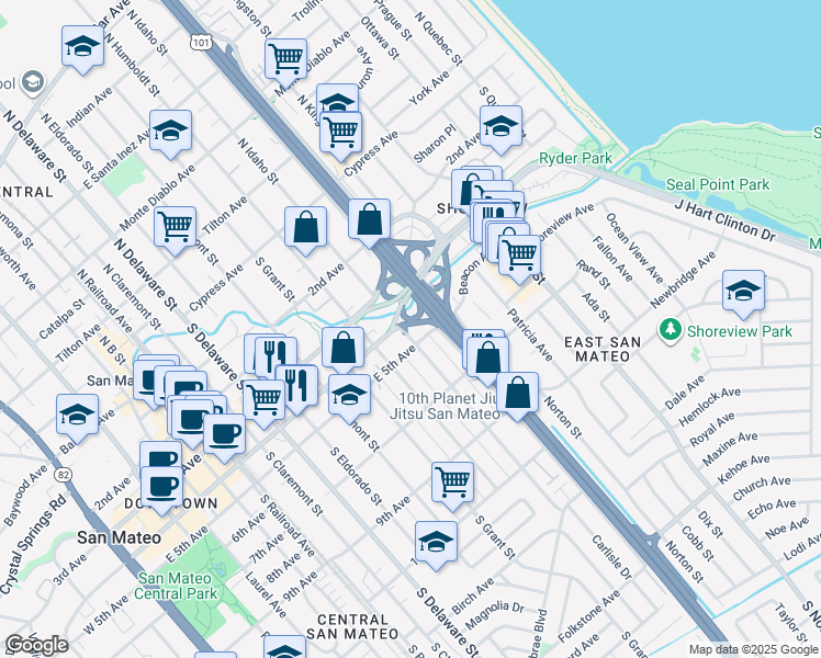 map of restaurants, bars, coffee shops, grocery stores, and more near 409 South Idaho Street in San Mateo