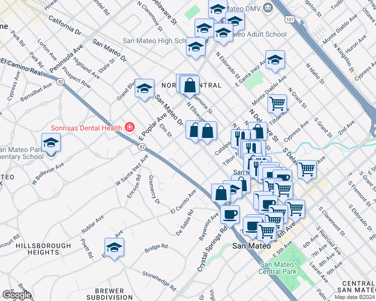 map of restaurants, bars, coffee shops, grocery stores, and more near 25 Monte Diablo Avenue in San Mateo