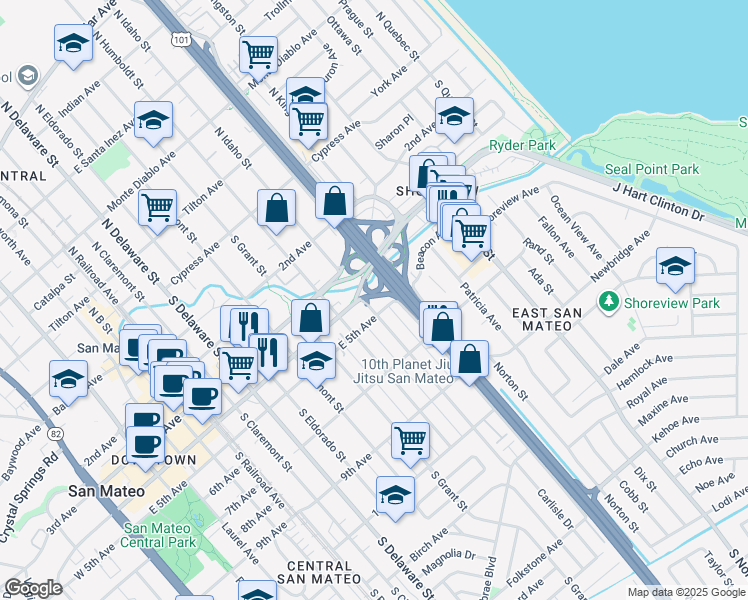 map of restaurants, bars, coffee shops, grocery stores, and more near 409 South Idaho Street in San Mateo