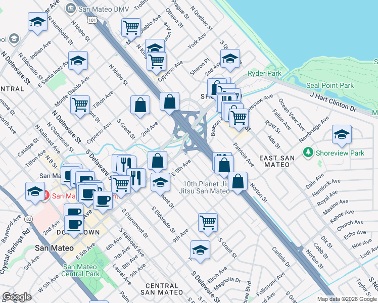 map of restaurants, bars, coffee shops, grocery stores, and more near 1021 East 5th Avenue in San Mateo