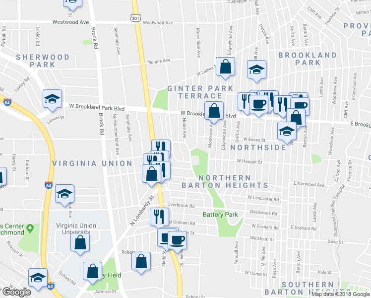 map of restaurants, bars, coffee shops, grocery stores, and more near 2812 Dupont Circle in Richmond
