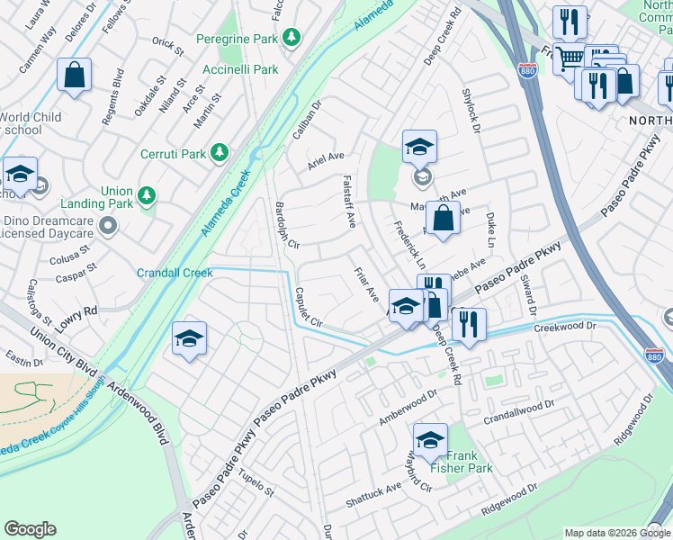 map of restaurants, bars, coffee shops, grocery stores, and more near 33866 Juliet Circle in Fremont