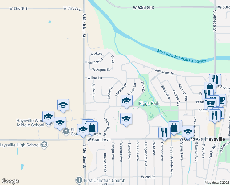 map of restaurants, bars, coffee shops, grocery stores, and more near 317 Mimosa Drive in Haysville