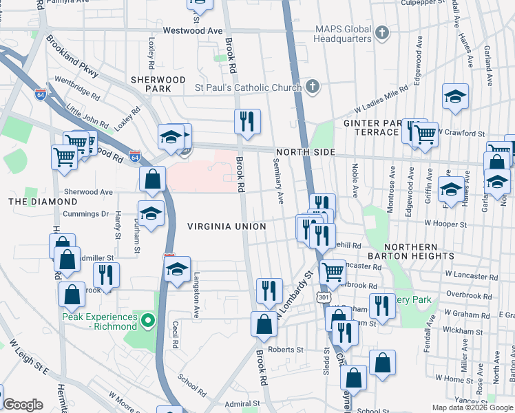 map of restaurants, bars, coffee shops, grocery stores, and more near 2902 Northumberland Avenue in Richmond