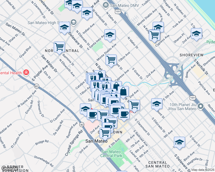 map of restaurants, bars, coffee shops, grocery stores, and more near 2 South Claremont Street in San Mateo