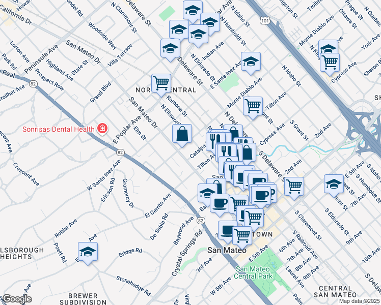 map of restaurants, bars, coffee shops, grocery stores, and more near 225 Tilton Avenue in San Mateo