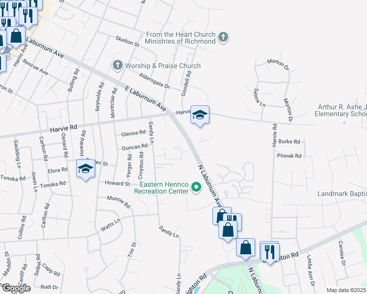 map of restaurants, bars, coffee shops, grocery stores, and more near in East Highland Park
