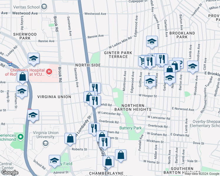 map of restaurants, bars, coffee shops, grocery stores, and more near 2812 Dupont Circle in Richmond