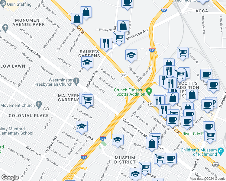 map of restaurants, bars, coffee shops, grocery stores, and more near 3900 West Grace Street in Richmond