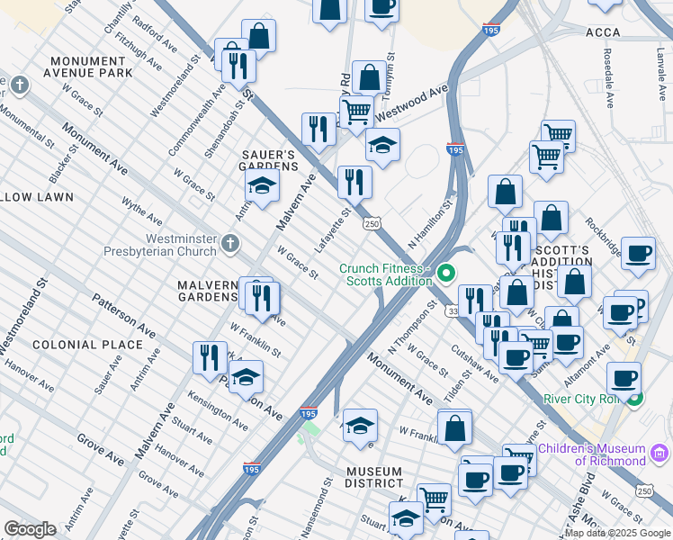 map of restaurants, bars, coffee shops, grocery stores, and more near 3900 West Grace Street in Richmond