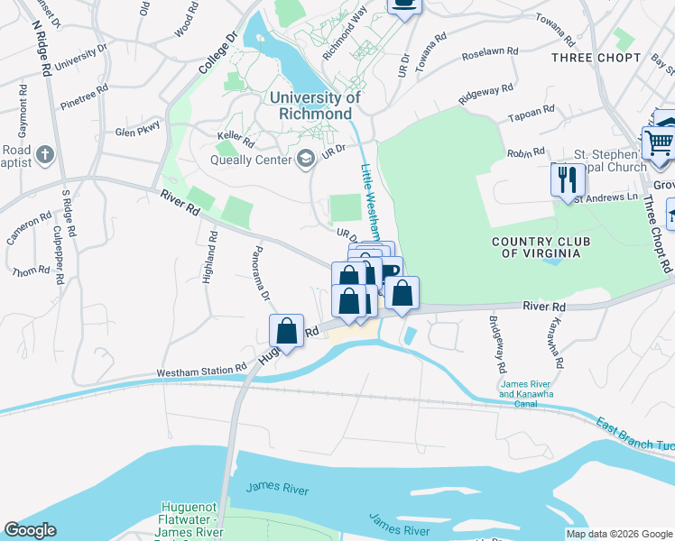 map of restaurants, bars, coffee shops, grocery stores, and more near 6350 River Road in Henrico