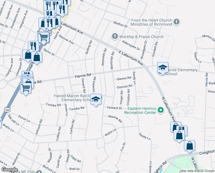 map of restaurants, bars, coffee shops, grocery stores, and more near 3407 Reynolds Road in Richmond