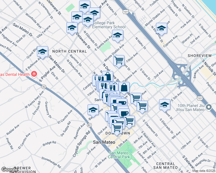 map of restaurants, bars, coffee shops, grocery stores, and more near 80 North B Street in San Mateo