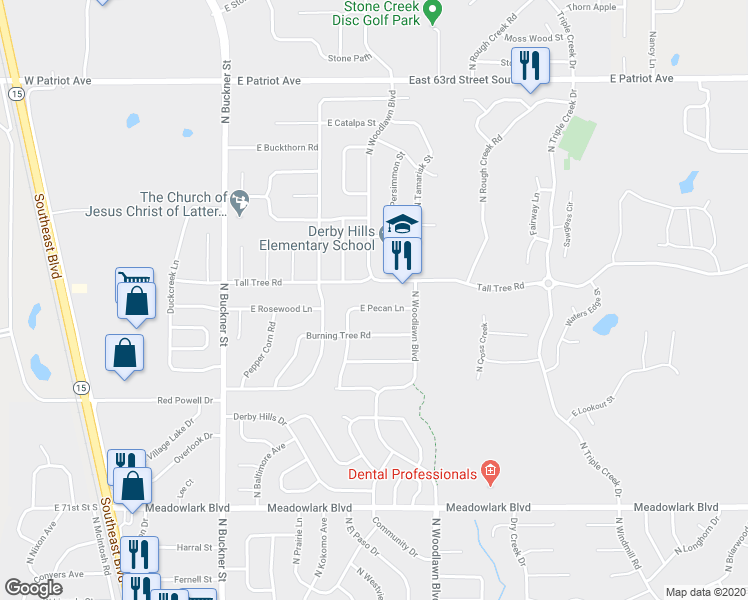 map of restaurants, bars, coffee shops, grocery stores, and more near 430 East Pecan Lane in Derby