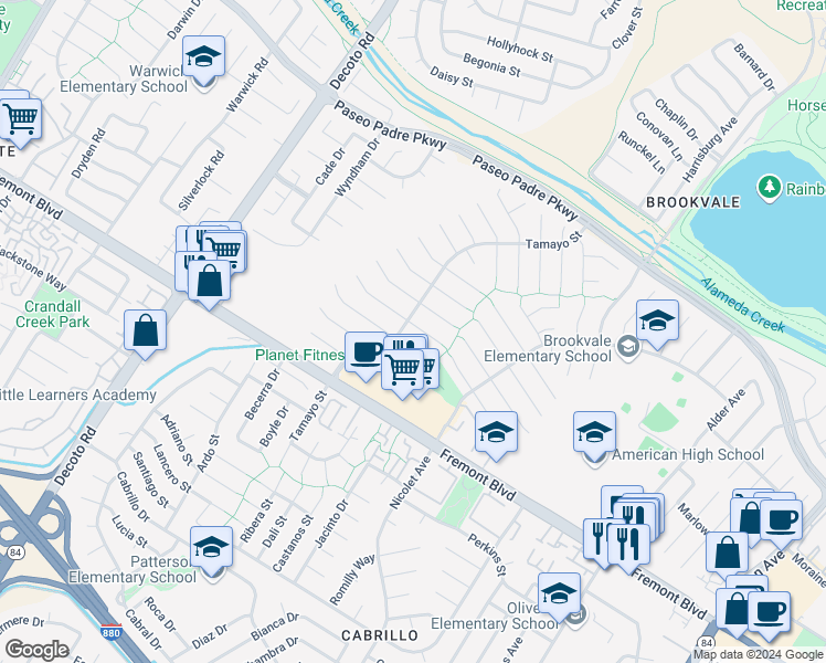 map of restaurants, bars, coffee shops, grocery stores, and more near 35549 Purcell Place in Fremont