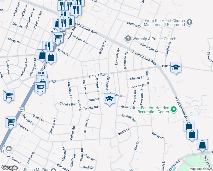 map of restaurants, bars, coffee shops, grocery stores, and more near 3462 Howard Road in Richmond