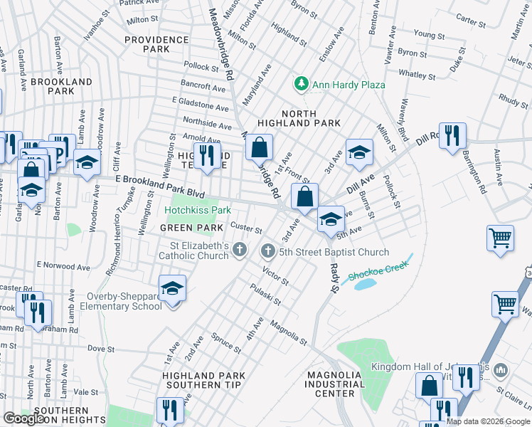 map of restaurants, bars, coffee shops, grocery stores, and more near 1221 East Brookland Park Boulevard in Richmond