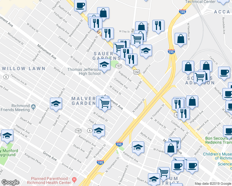 map of restaurants, bars, coffee shops, grocery stores, and more near 4003 West Grace Street in Richmond