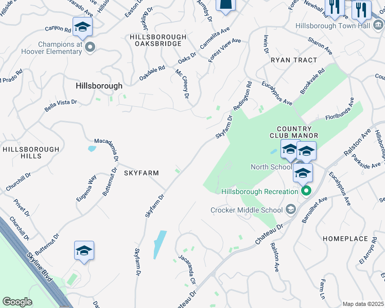 map of restaurants, bars, coffee shops, grocery stores, and more near 2300 Skyfarm Drive in Hillsborough